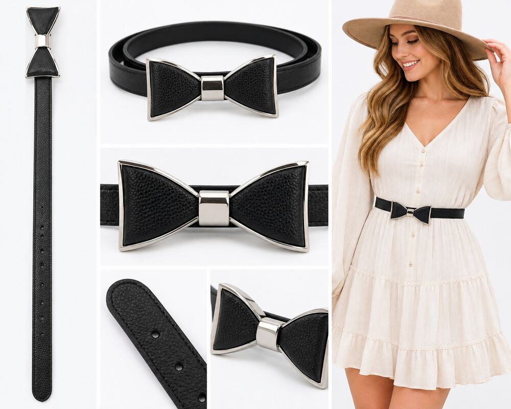 Black Faux Leather Bow Belt – Silver-Tone Buckle – 38"